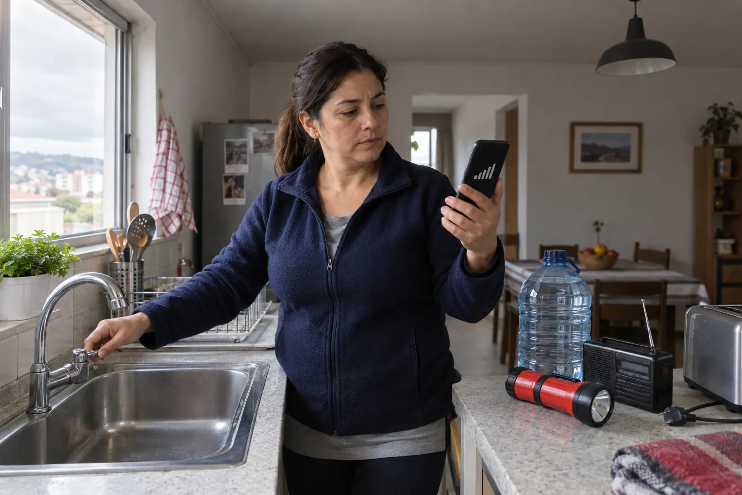 Mujer revisando información en su celular junto a su kit de emergencia